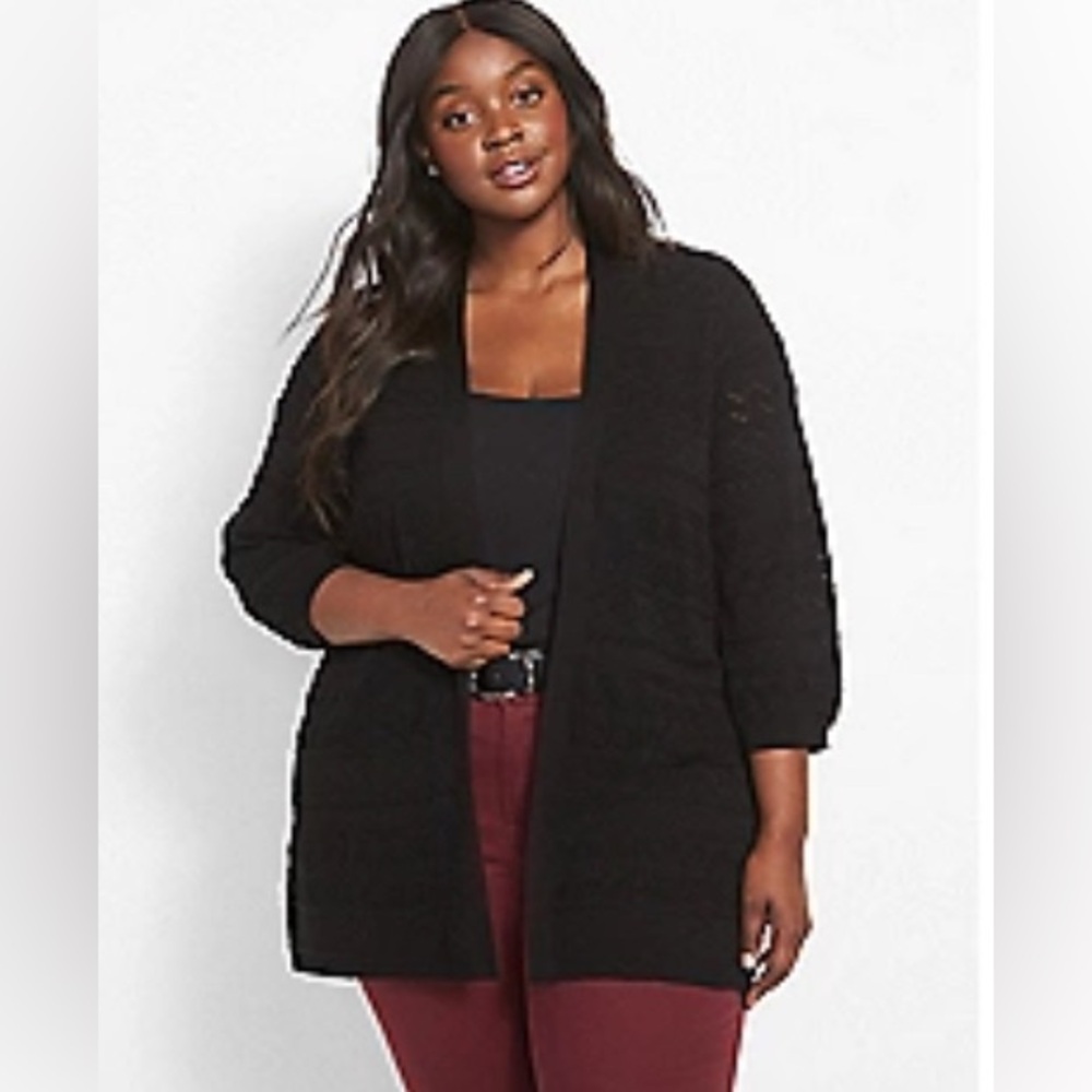 Lane Bryant- Classic 3/4-Sleeve Open-Front Pointelle Overpiece